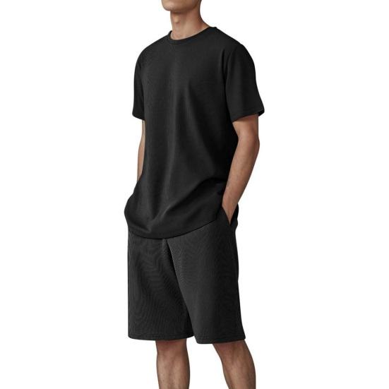 2Pcs/Set Men Sports Suit O-Neck Short Sleeve T-shirt Elastic Waist Wide Leg Shorts Set Solid Color Waffle Fabric Sportswear