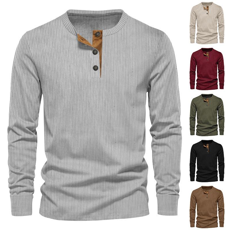 Men Solid Color Slim Fit Casual Corduroy Long Sleeve T Shirt