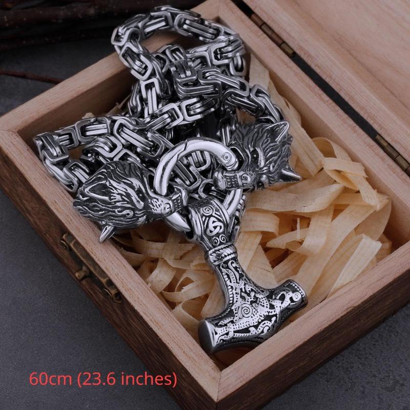 New High Quality Halloween Men's Viking Wolf Head Necklace Hammer Pendant Fashion Trend Necklace