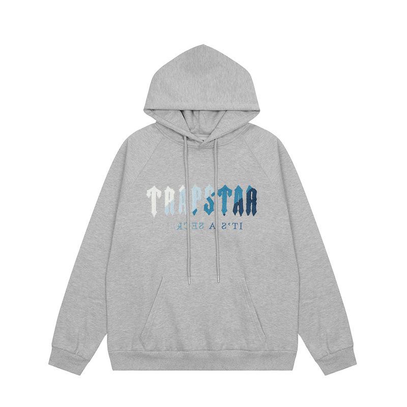 European and American Trendy Brand White and Blue Gradient Towel Embroidery for Men and Women, Couple Loose Casual Hooded Sweatshirt