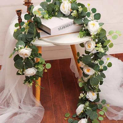 70.87in Faux Floral Vine Garland With White Rose Lifelike Artificial Eucalyptus Leaves Exquisite Durable Garland Hanging Plants