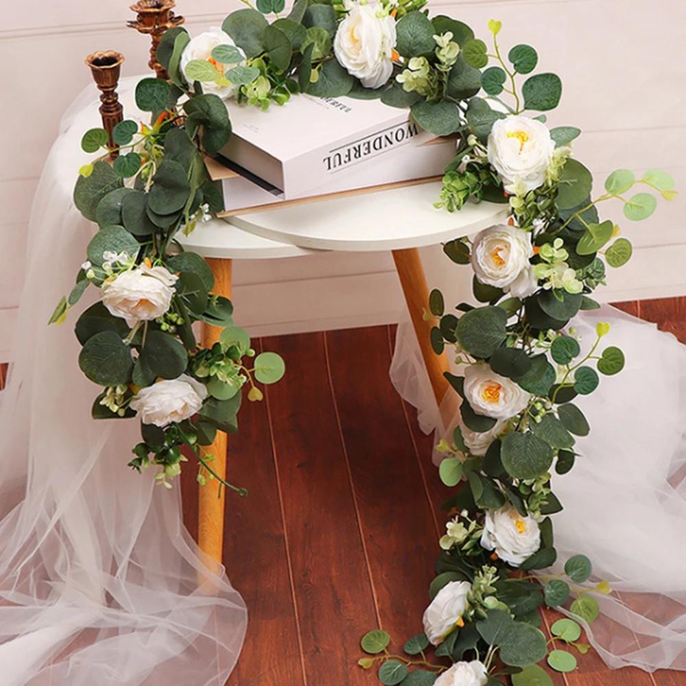 70.87in Faux Floral Vine Garland With White Rose Lifelike Artificial Eucalyptus Leaves Exquisite Durable Garland Hanging Plants
