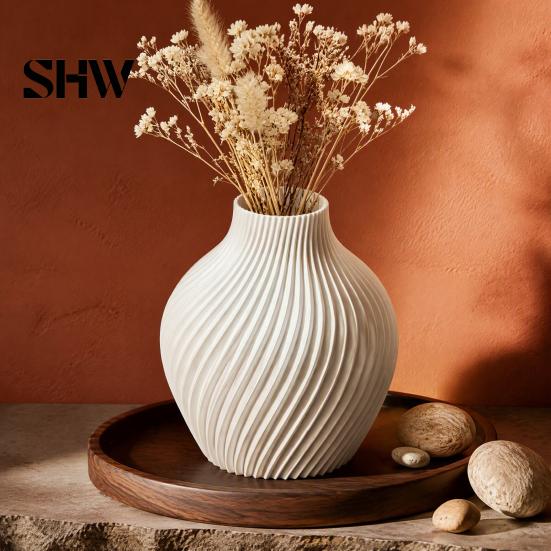 Spiral Ribbed Vase Modern Vase, 3D Printed Dried Flower Matte Floral Arrangement Container White Decorative for Living Room Shelf Table Centerpiece