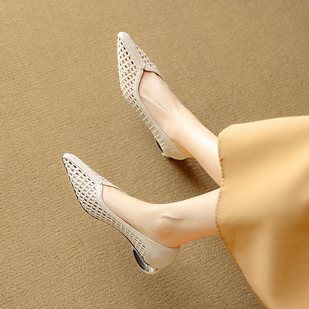 2025 New Leather French with Skirt Woven Mesh Pointed Middle Heel Hollow Breathable Single Shoes One Pedal Women's Shoes