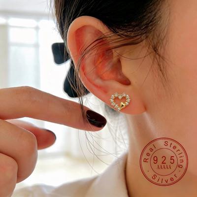 925 Sterling Silber Herz Ohrstecker Vergoldet Besetzt mit Zirkonia Liebes Creolen für Damen Modeschmuck