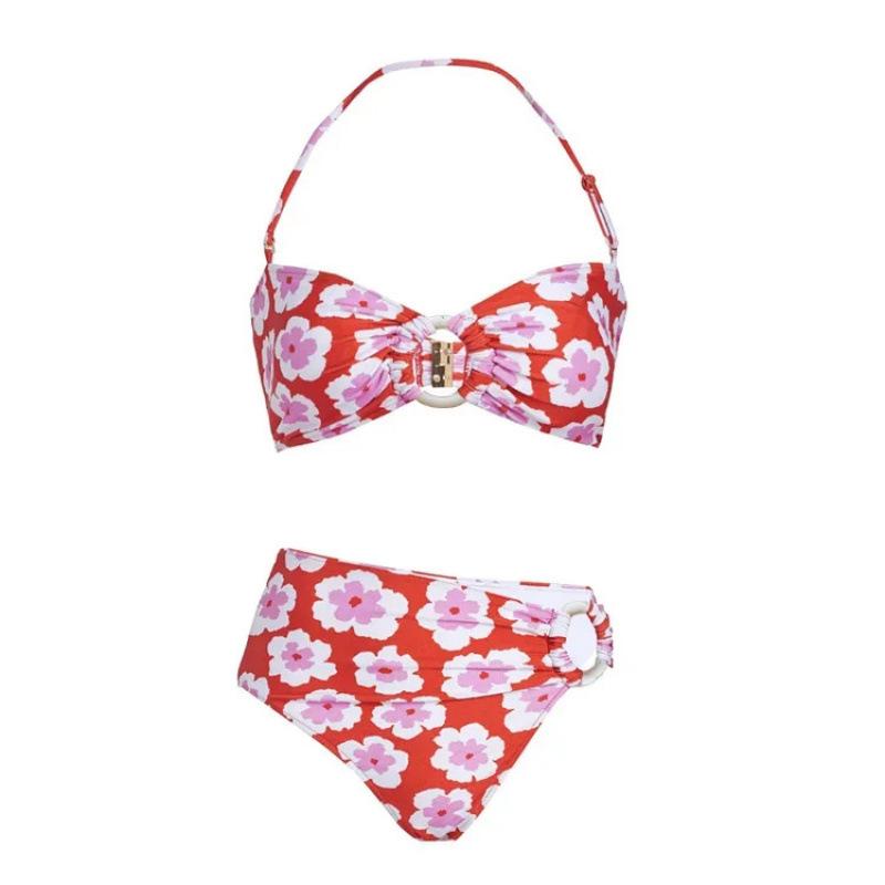 European and American bikini neck printing split swimsuit set tight swimsuit Huludao S