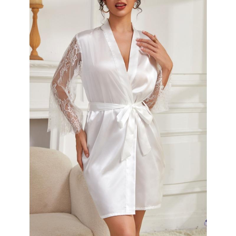 

Fashion Elegant Loose Casal Lace Women Short Dress Women Underwear Pajamas V Neck Lace-up Satin Sexy Home Nightgown Women Casual Simple Clothing S білий