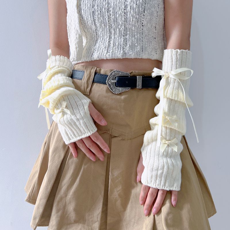 

Bows Knitting Oversleeve JK Fingerless Gloves for Girls Arm Sleeve Sweet Cute Young Adult Lolita Oversleeves M + M knot All yards