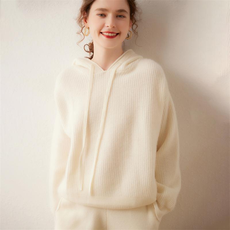 Lekasha Women's Cashmere Goat Wool Loose Knit Base Layer Pullover Warm Hoodie