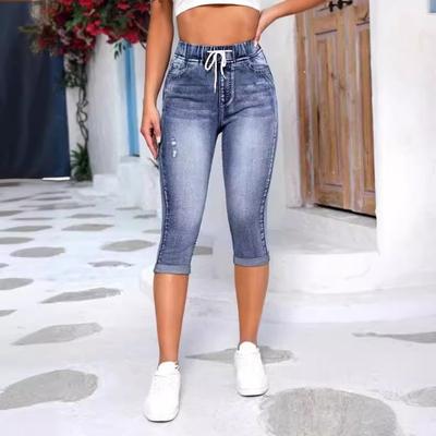 Elastischer Bund Kordelzug High-Waist Ripped Jeans Damen High-Bounce Denim Craze