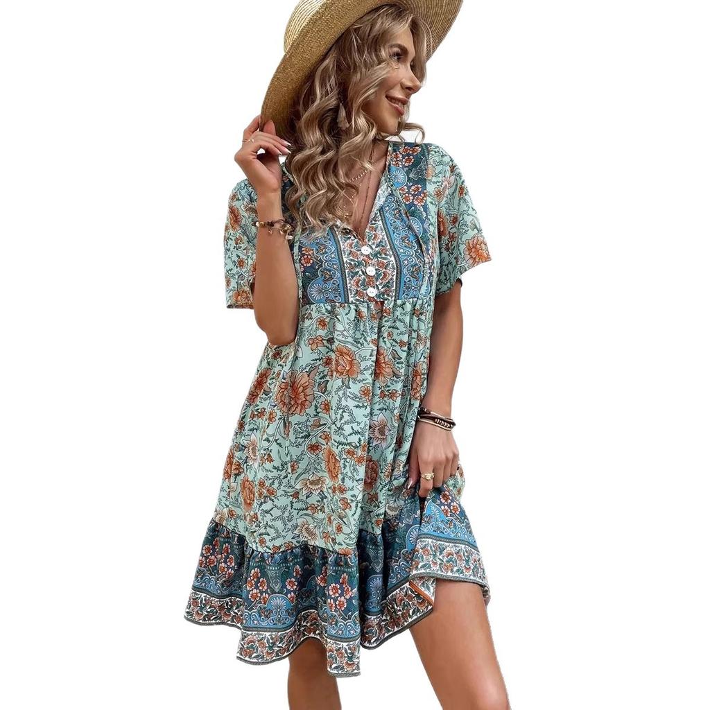 New 2026 European and American women's clothing small floral V-neck loose casual bohemian vacation dress