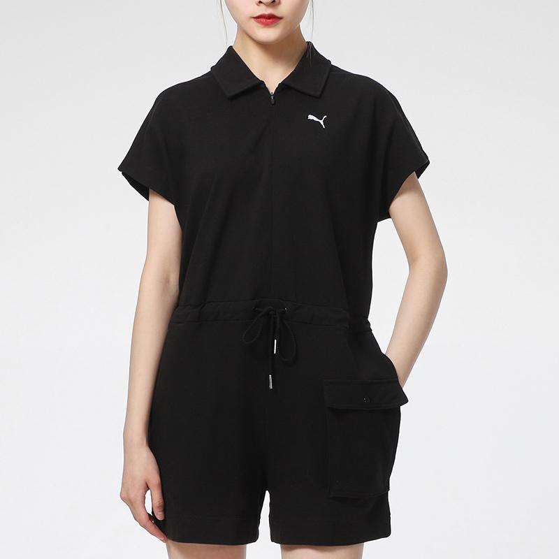 Puma SS21 Solid Color Zipper Drawstring Romper Women Romper Black 532849-01
