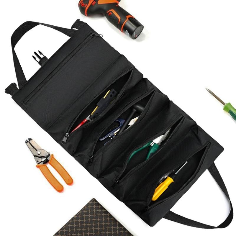 Roll Up Tool Bag Canvas Tool Organizer With 5 Zipper Pockets Hanging Tool Zipper Carrier Tote For Electrician Car Moto Repair