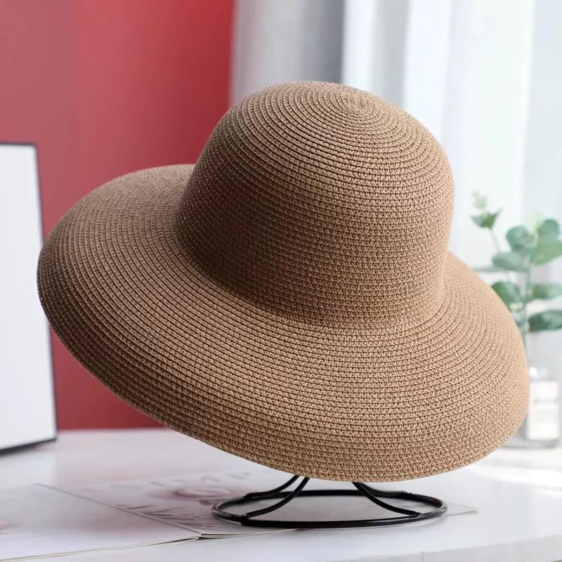 Sommer Hepburn Stil Vintage Design Großes Schirmstrohhut Damen Mädchen Einfarbige Strandurlaub Großer Sonnenschutz Gorra