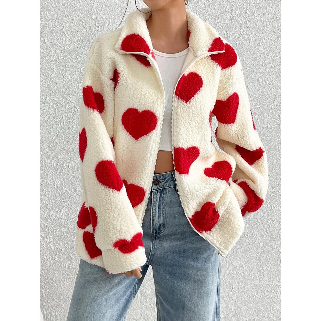 HNXC Women's Autumn and Winter Loose Long-sleeved Zipper Cardigan with Plush Heart Print