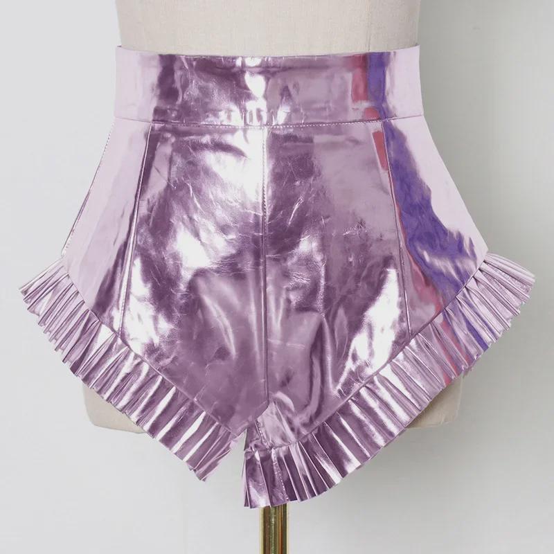 2025 Summer High Waist Zippered Pleated Silver PU Shorts for Women
