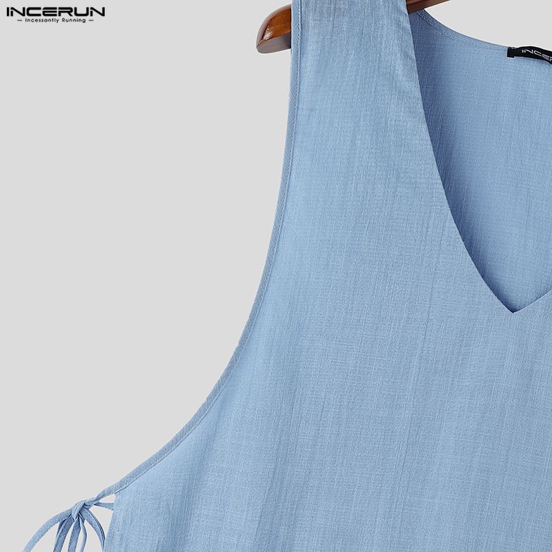 INCERUN Men V Neck Sleeveless Side Lace-up Thin Casual Loose Long Tank Tops