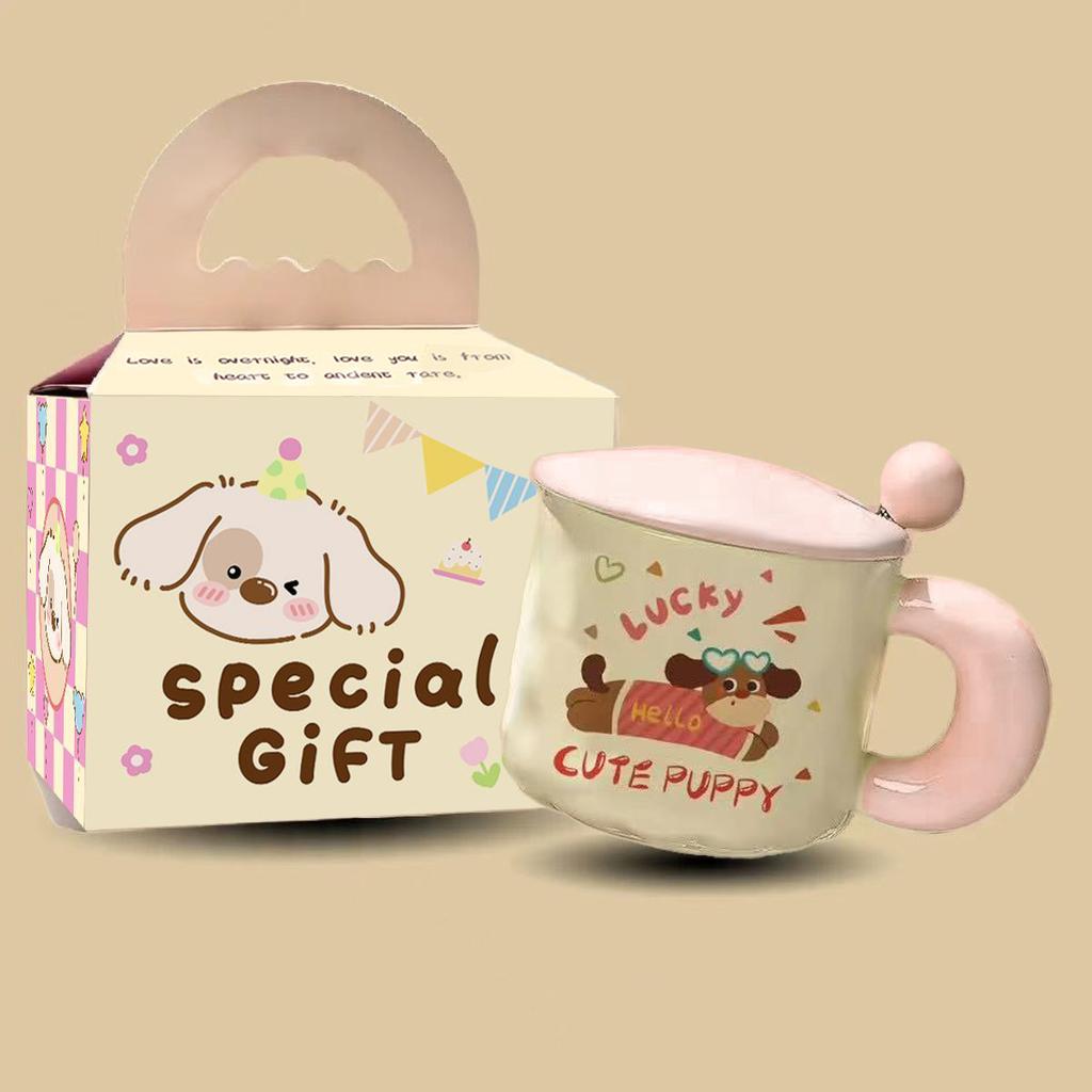 Cute Cartoon Puppy Ceramic Cup High Looking Mug Cup with Lid Spoon Water Cup Birthday Gift for Girls and Children
