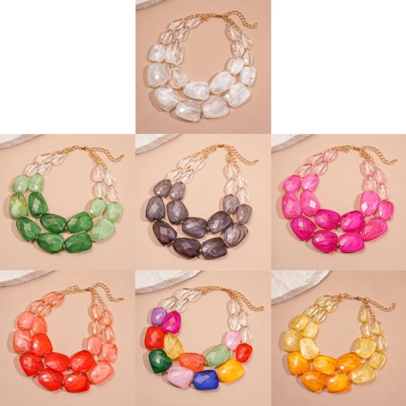 Double Layer Bohemian Acrylic Beaded Clavicle Chain Adjustable Necklace For Women Vacation Jewelry Gift