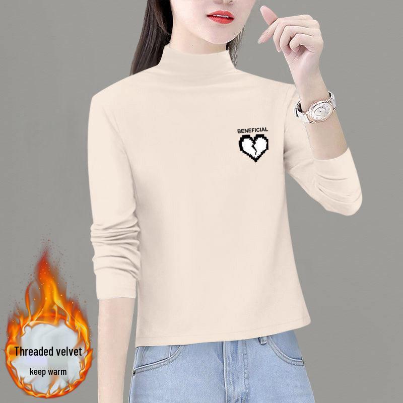 2025 Women's Thickened Double-Sided Velvet Long-Sleeve Semi-High Neck Slim-Fit Top for Autumn/Winter
