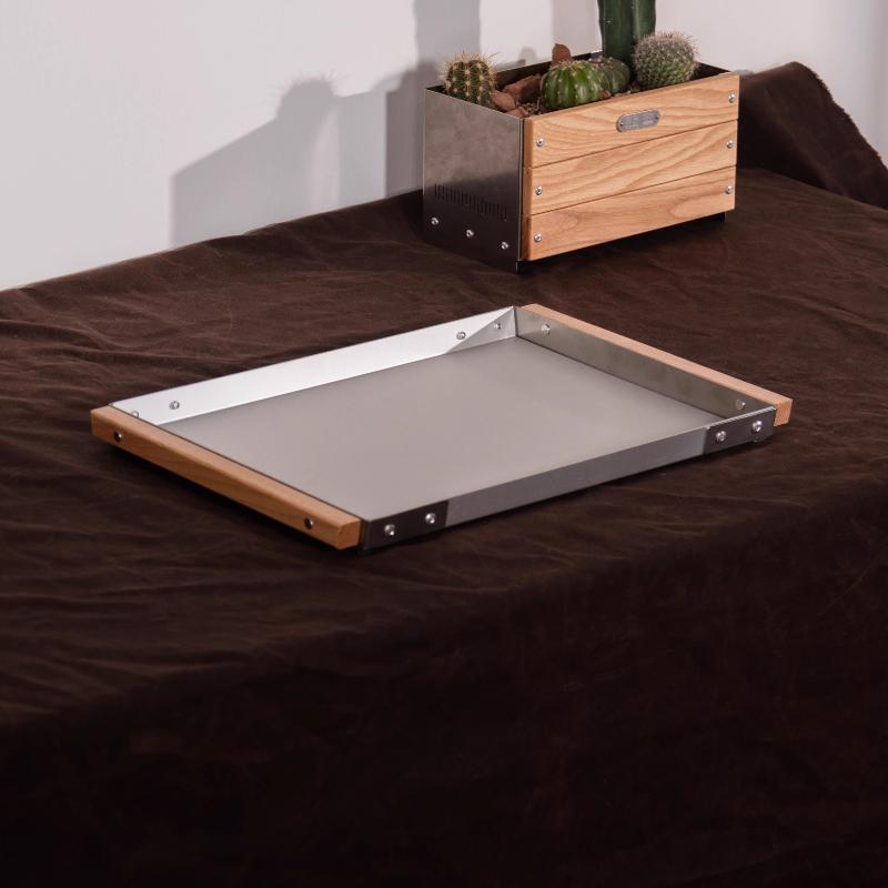 Modern Wood Serving Tray with Stainless Steel Accents Multi-Purpose Home Decor Platter for Cheese Appetizers Display Board