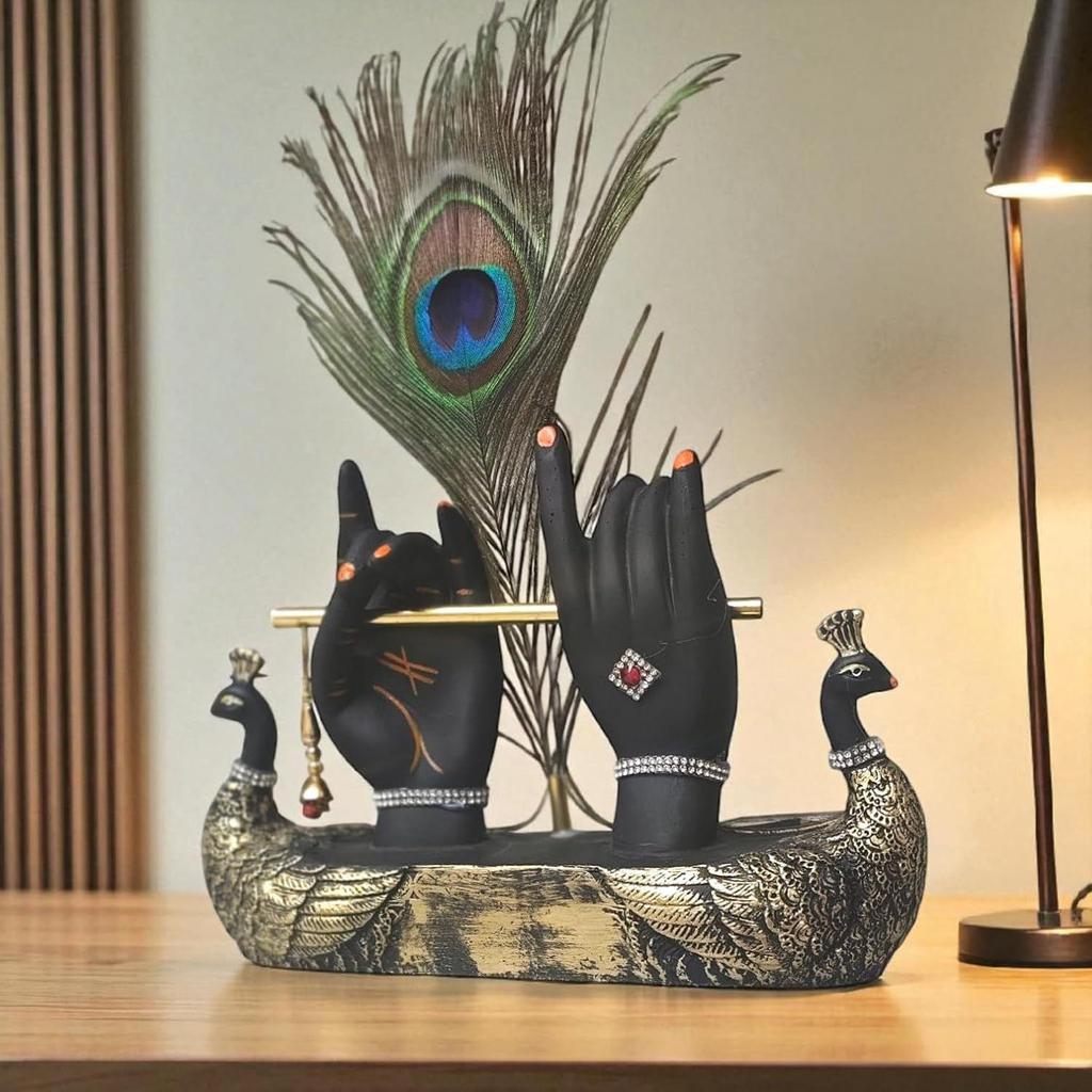 Krishna Hand with Flute & Peacock Feather Idol for Home Decor Gift, Office & Living Room, Peacock