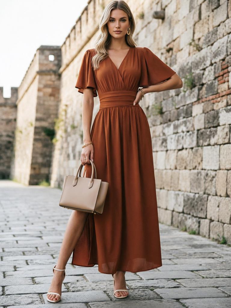 European and American Cross-border Foreign Trade New Women's Clothing Solid Color Dark V-neck, Waist Long Skirt, Split Skirt Dress Women