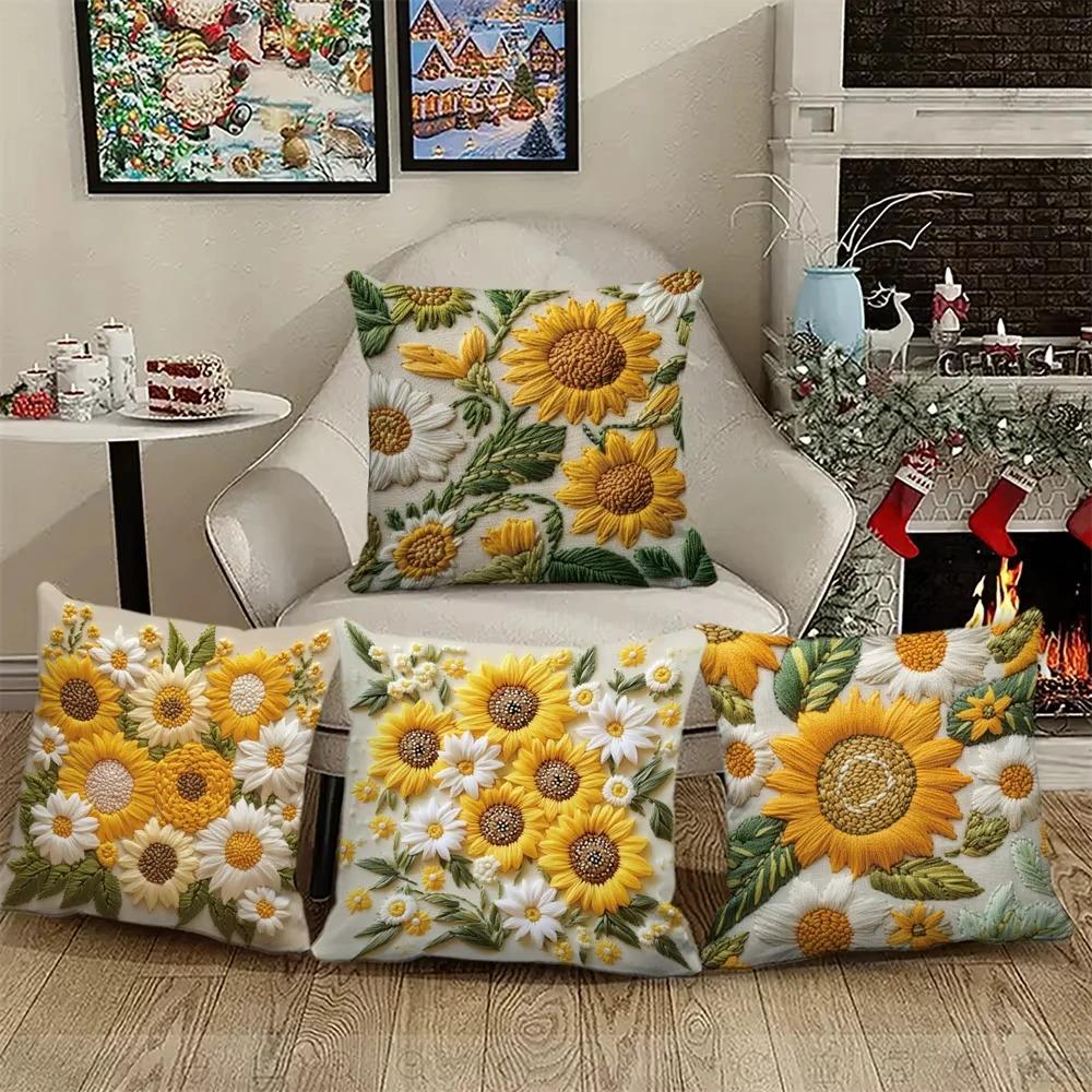 Home Decor Sunflowers and Daisies Floral Pattern Pillowcase Pattern Cushion Cover Suitable for Sofa Bedroom Car Pillow Cover