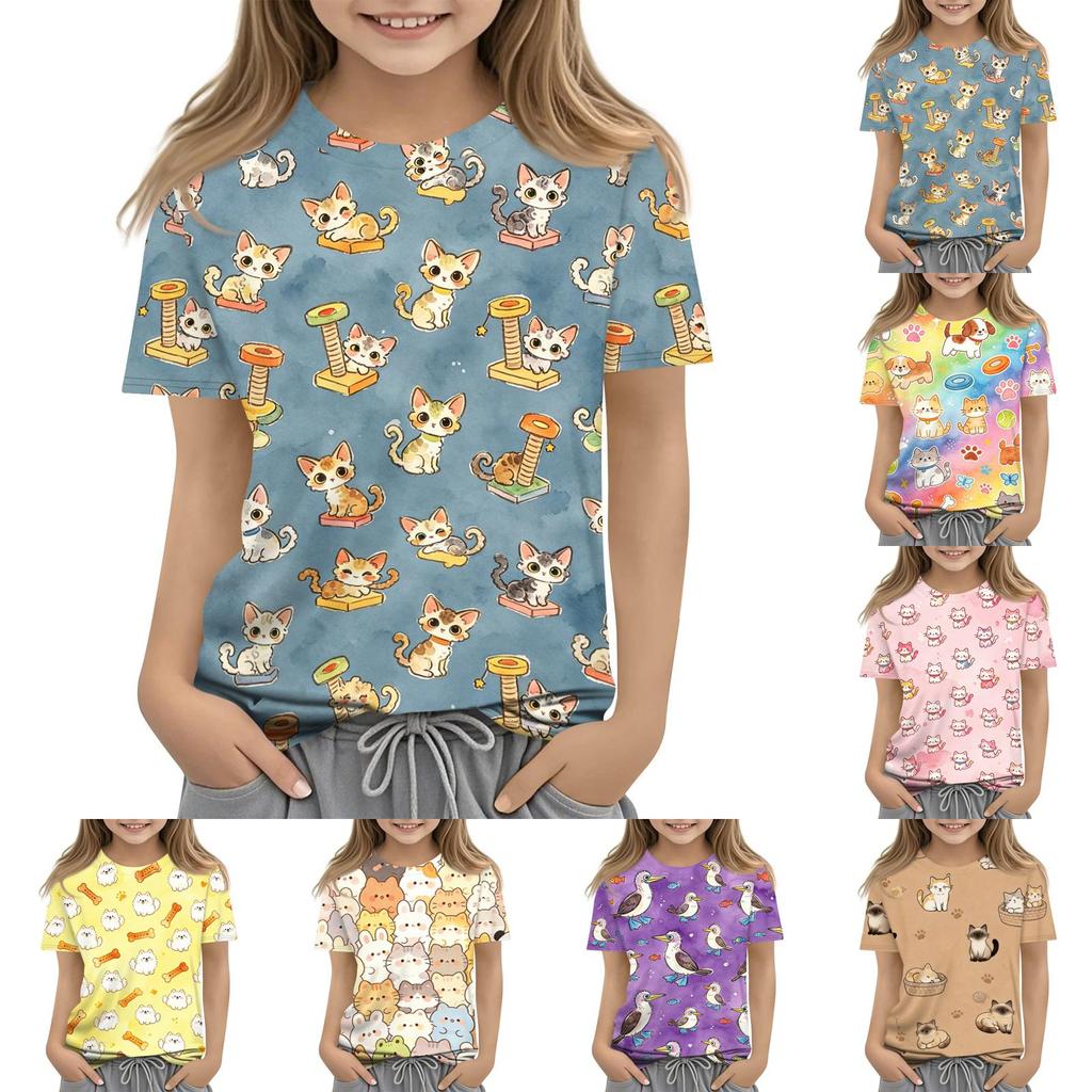 Kids Animal Print Crew Neck Short Sleeve Casual Loose Fit T Shirt Soft Lightweight Top for Boys and Girls Summer Wear