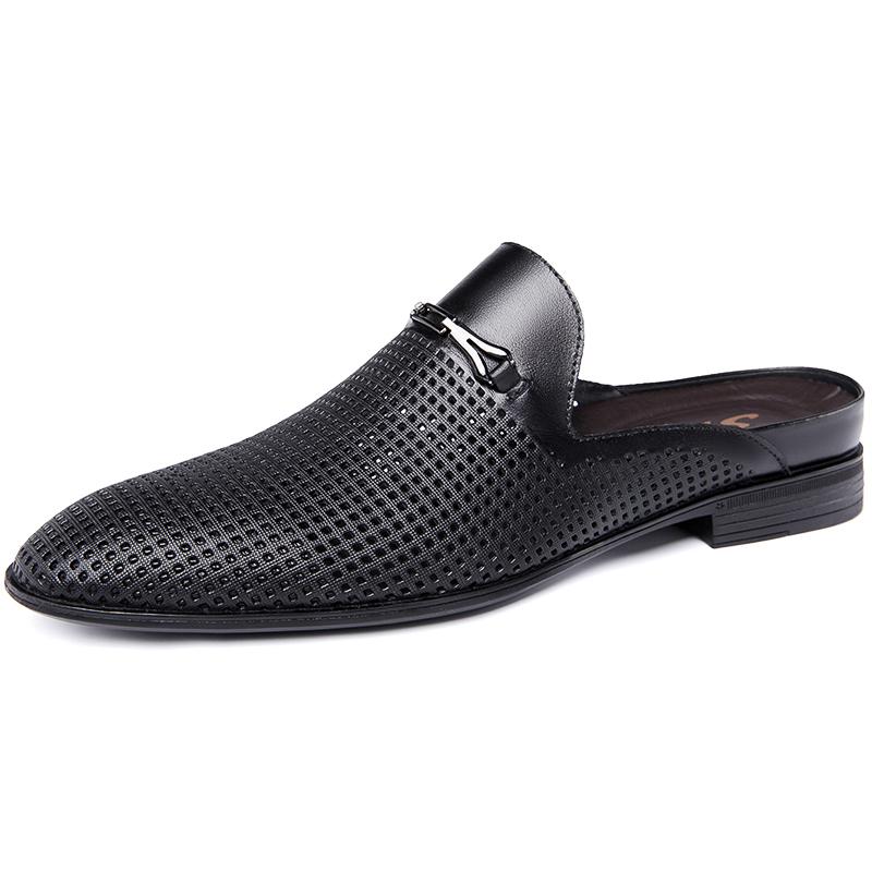 FashionHigh Quality Half Drag Casual Sandals Shoes Men Slippers Genuine Leather Mens Shoes Lazy Penny Shoes Comfortable Slip on Loafers