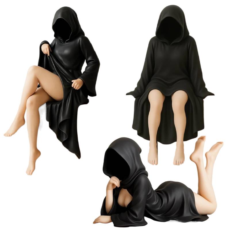 3D Mysteriöse Statue für Bücherregal Schwarzes Gewand Königin Figur Gotische Maskierte Frauen Sitzende Statue Zimmer Desktop Ornamente Skulptur