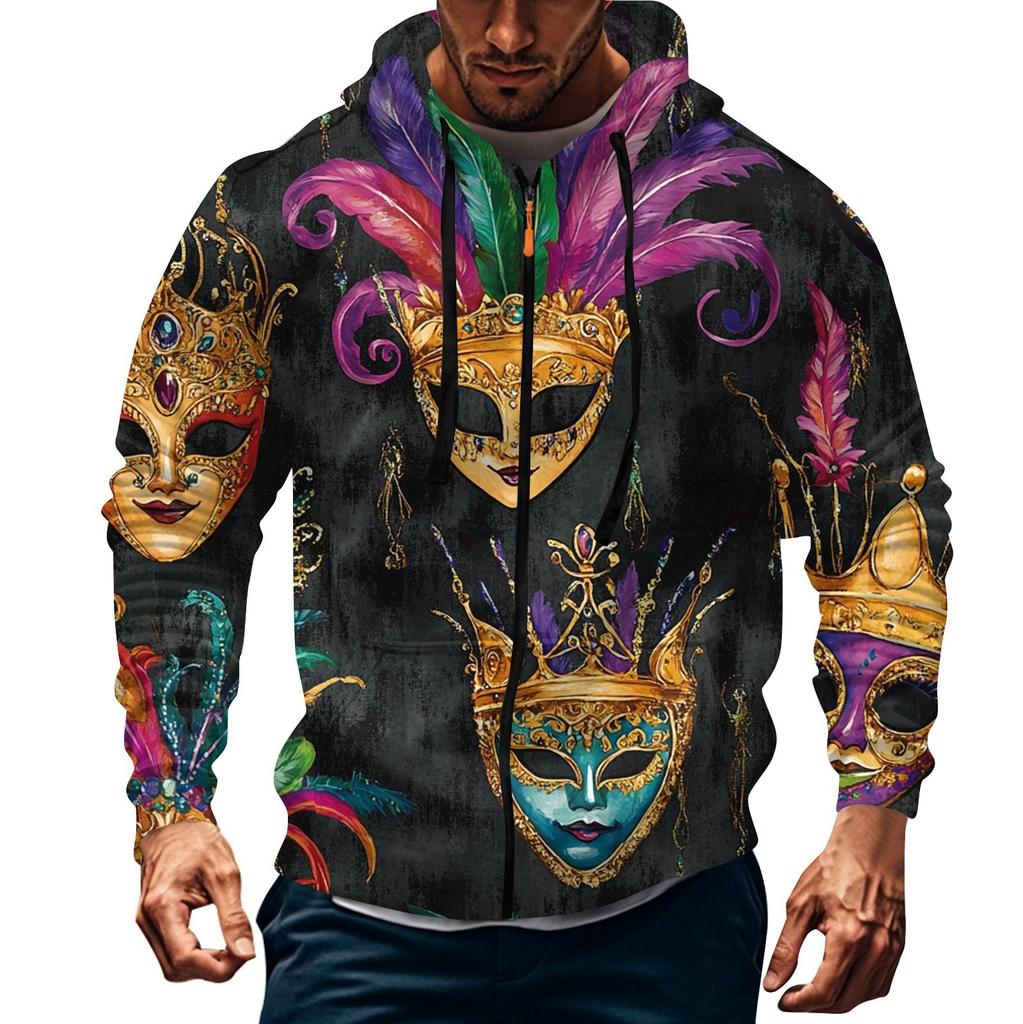 Men's Sports Casual Fleece Hoodie Carnival Print Hoodie Cardigan Zipper Multi-pocket Hoodie Coat