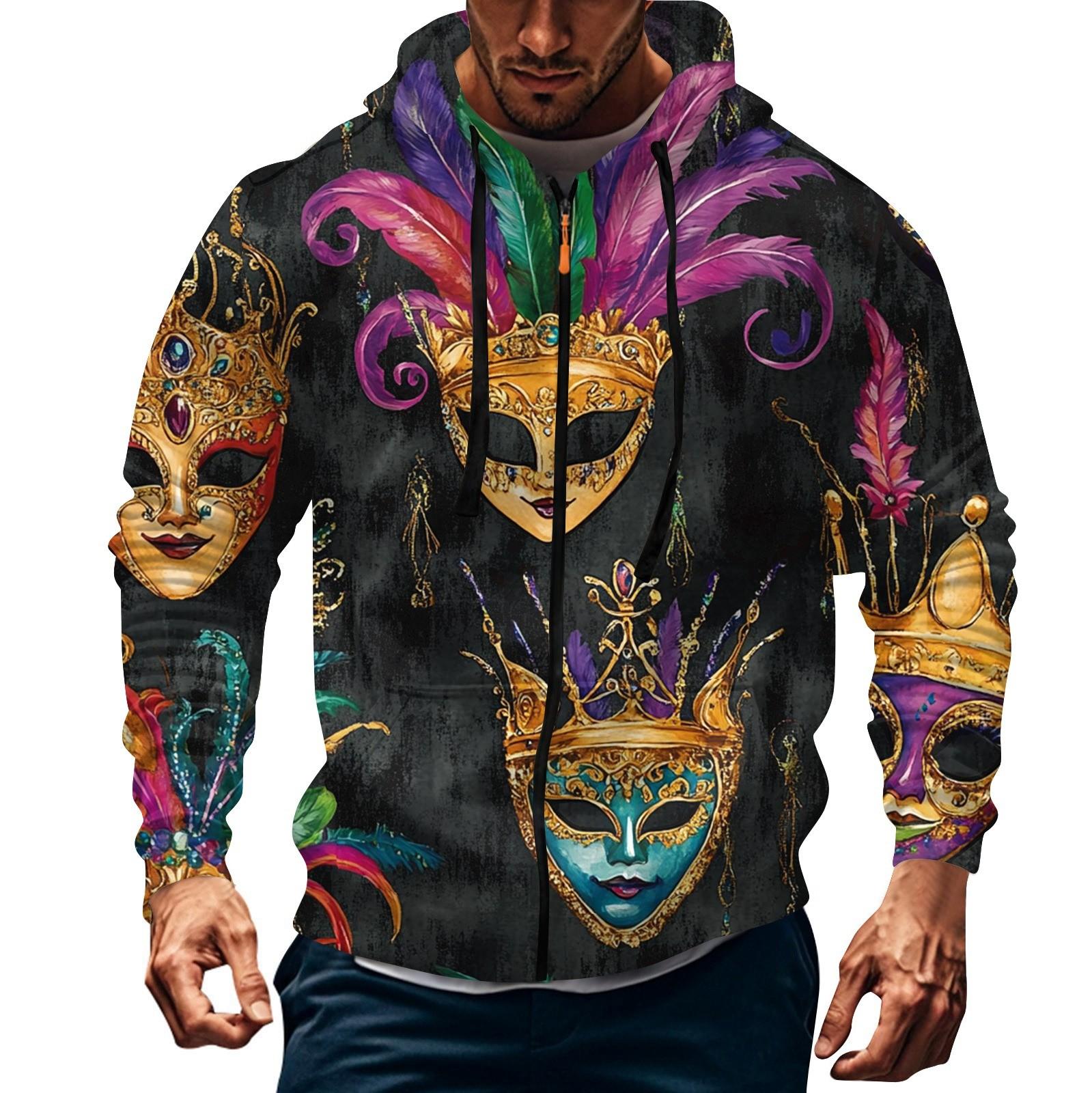 Men s Sports Casual Fleece Hoodie Carnival Print Hoodie Cardigan Zipper Multi-pocket Hoodie Coat L
