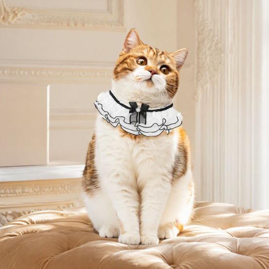 Elegant Faux Pearl Pet Bib Lace Ruffle Cat Collar, Bandana with Bow Knot, Retro Puppy Formal Neckwear Cute Princess Collar for Cats Small Dogs Wedding
