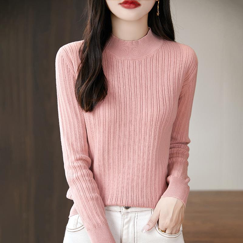 Women's Uneven Stripe Ribbed Cotton Knit Sweater - Half-High Neck Autumn/Winter Inner Layer Top