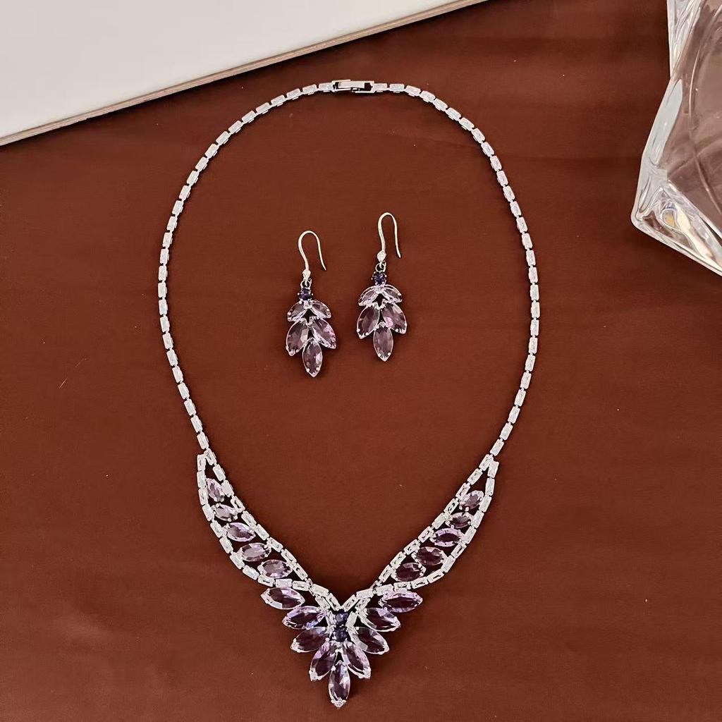 European-American Zircon Luxury Necklace & Earring Set - Elegant Wheat Ear Design
