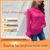 Versatile Women's Floral Chiffon Puff Sleeve Top - Long Sleeve French Style, Rose Solid Color, Age-Reducing Design