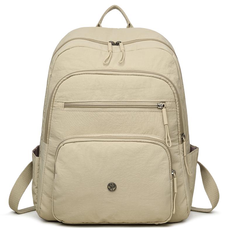 Solid Color Backpack Women's Multi-Layer Pocket Water-Repellent Nylon Backpack