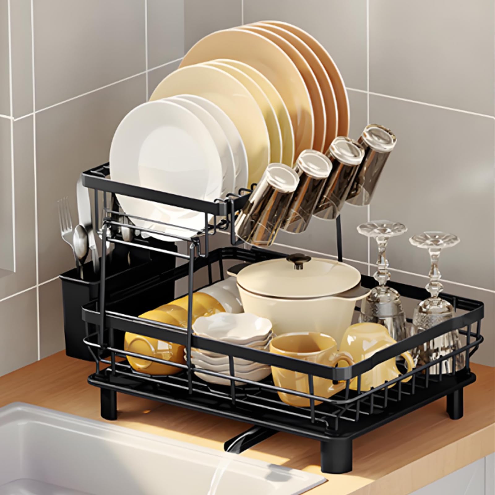 

Блюдо блюдо сушка автоматическая большая кухонная вода блюдо блюдо палочки нож легко собрать сушилка, сушилка, 2-ярусная стойка, дренаж, вместимость, чёрный