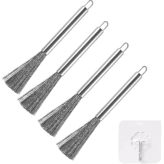 2Pcs Pots and Pans Clening Brush, Stainless Steel Scrubber Brush for Cookware Long-Handled Sink Cleaner Brush-2Hooks