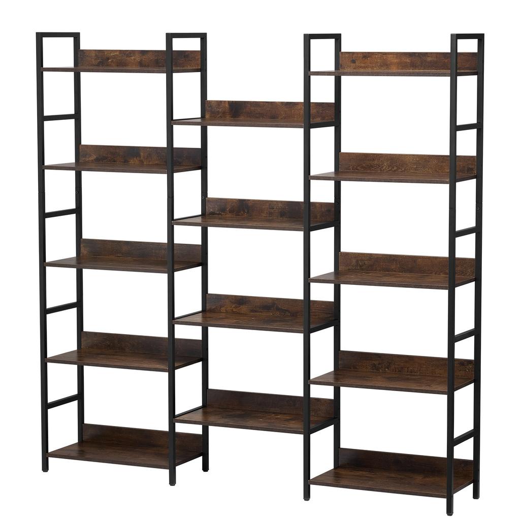 VEVOR Triple Metal Bookshelf, 14-Tier Industrial Bookshelf, Large Rustic Vintage Storage Bookcase with Open Shelves