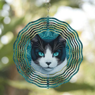 10 Inch Metal Wind Spinner Double Sided Cat Design Blue White Stained Glass Effect No Battery Needed with Hanging Hook Easy Install for Garden