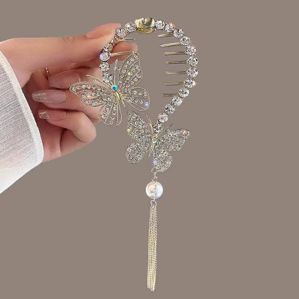 Elegant Tassel Hair Claw Rhinestone Pearl Flower Tassels Hair Clip Women Girl Ponytail Holder Hairpins Fringe Hair Accessories