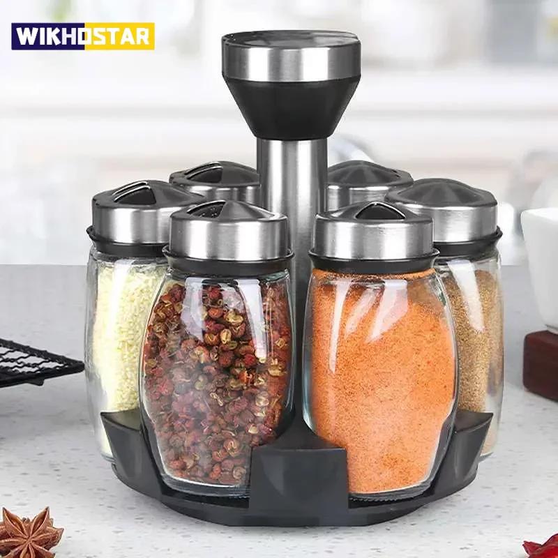 7pcs Spice Jar Set Rack Glass Organizer Rotating Glass Seasoning Sugar Pepper Bottles Salt Shakers Holder Kitchen Storage Rack