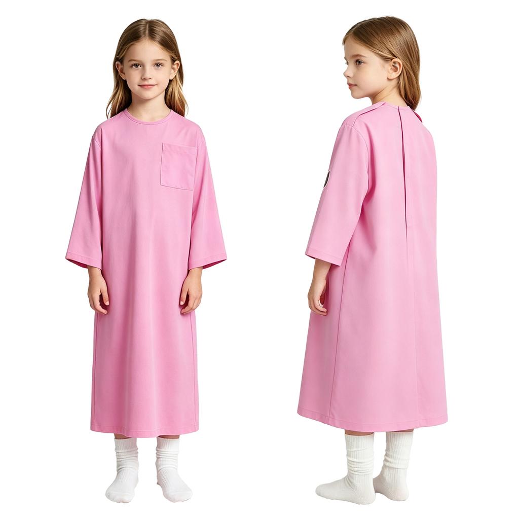 Kids Adaptive Nursing Gown Long Sleeve Back Split Hook-Loop Fastener with Pocket for Special Needs Patients