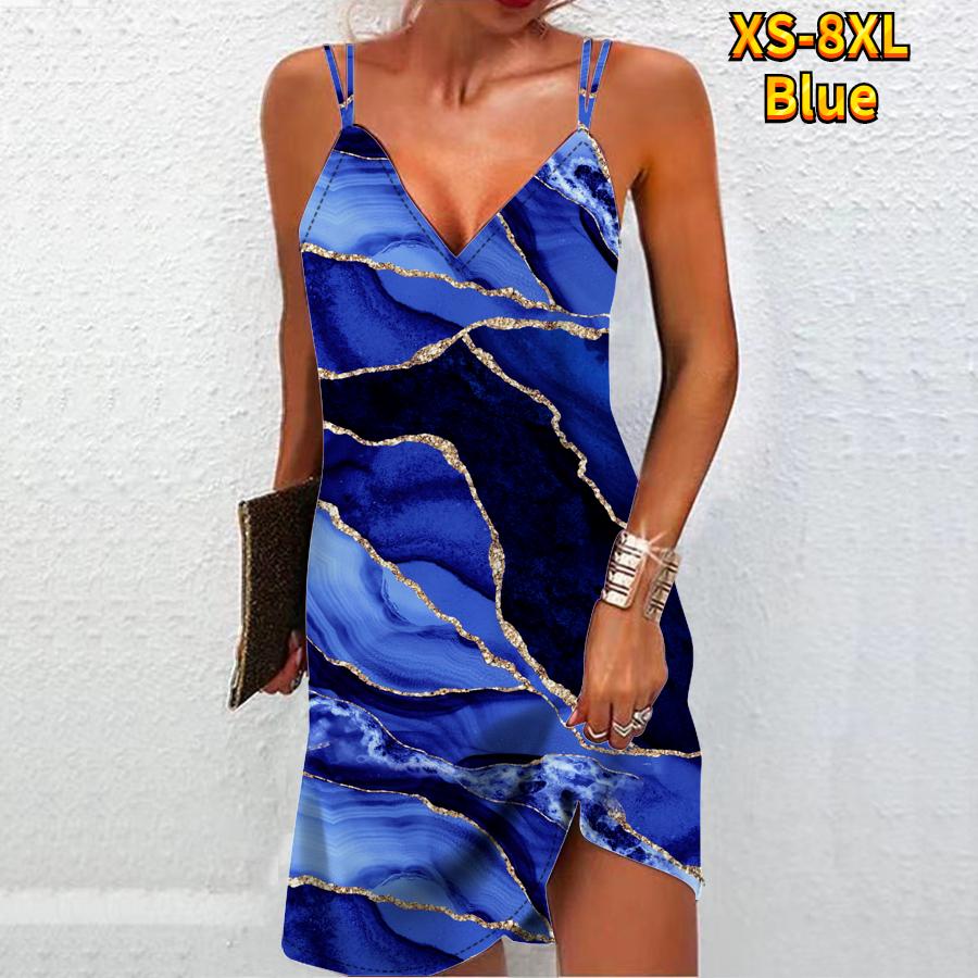 Damenmode Sexy 3D-Marmor-Texturdruck Trägerloses Kleid Loses Leibchenkleid mit V-Ausschnitt