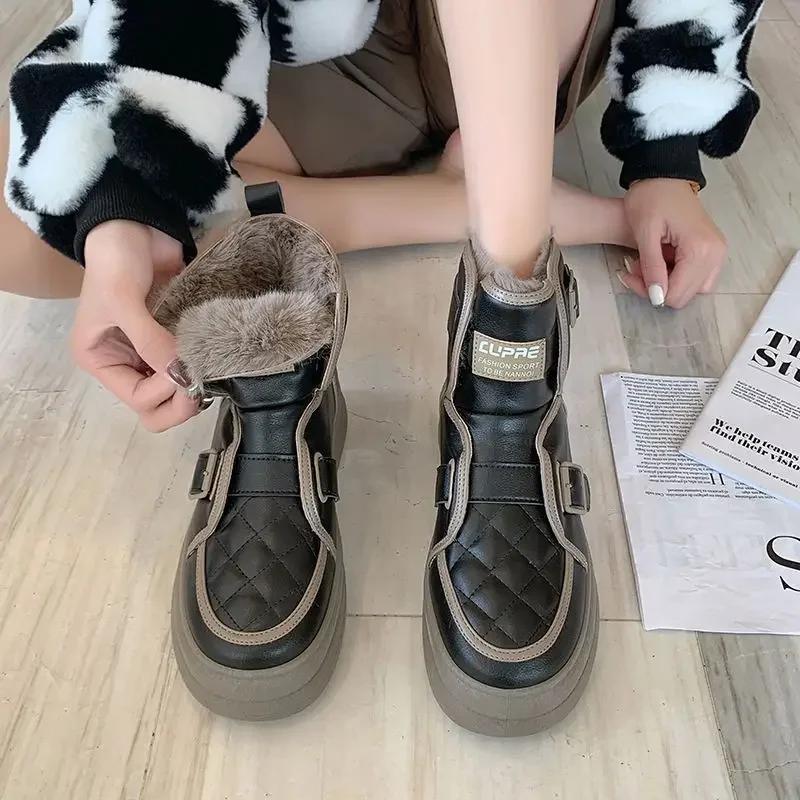 Fashion Plus Warm Ladies Snow Boots Elegant With Medium Heels Female Shoes Padded Boot Furry Trend 2024 Spring Autumn Protective Fashion