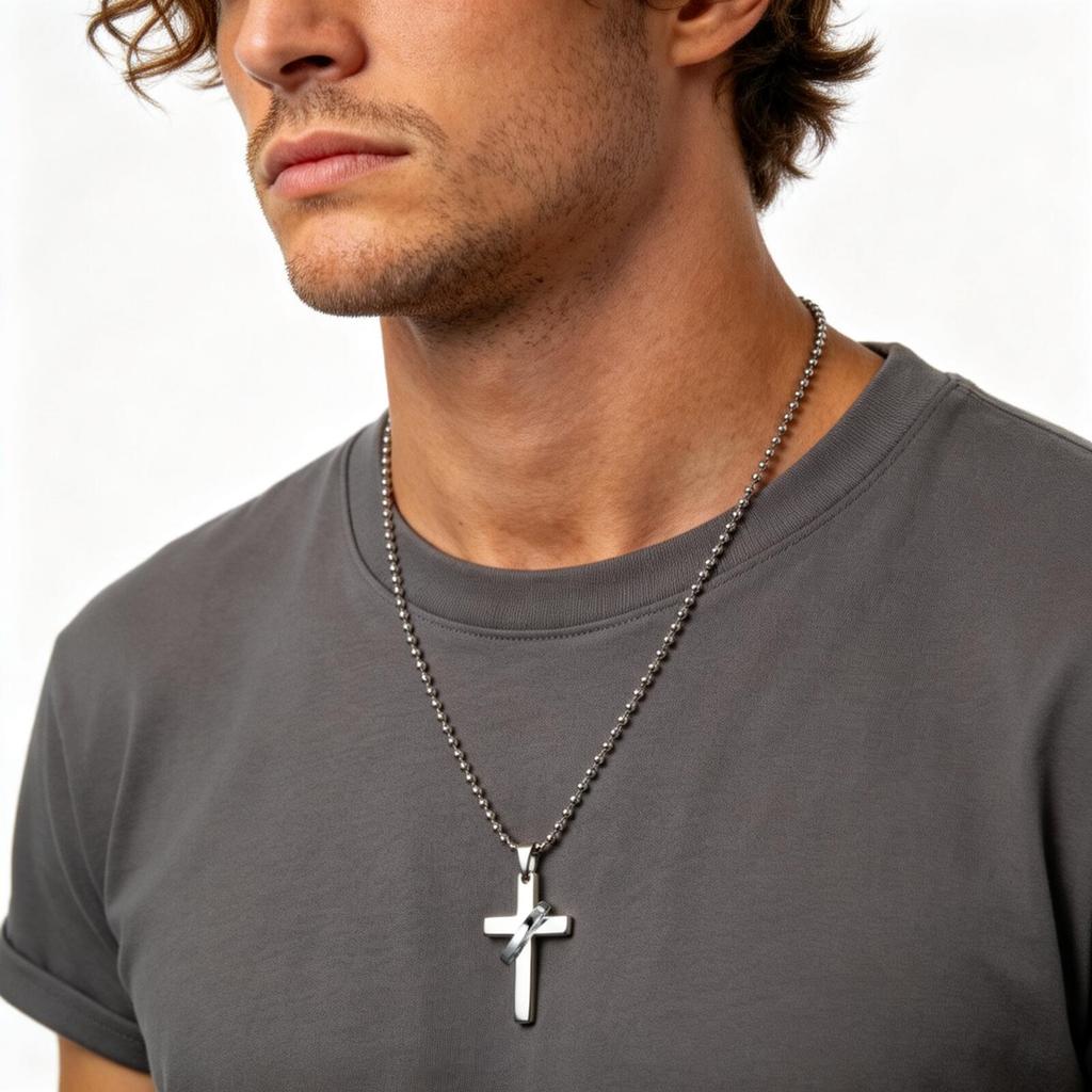 Black Cross Necklace for Men Boys,70cm Metal Bead Long Chain Collars,Faith Prayer Jewelry Gift