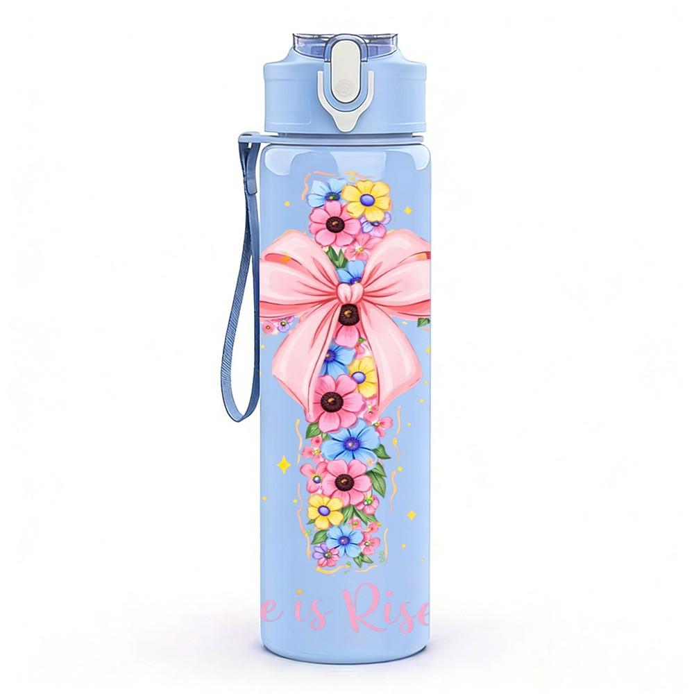 1PC He Is Risen Cross Flower Faith Art 750ml Color Plastic Sports Water Bottle Leakproof Flip Straw Lid Suitable for Sports Office Home Use