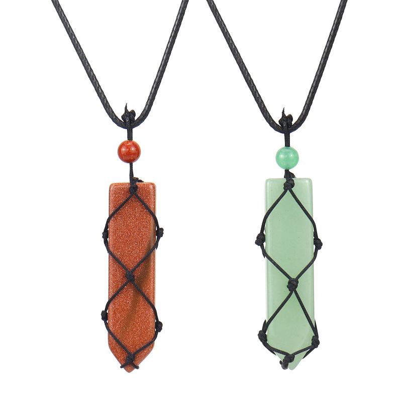 Hand-Woven Natural Stone Crystal Amethyst Sword-Shaped Mesh Pocket Pendant Necklace N578